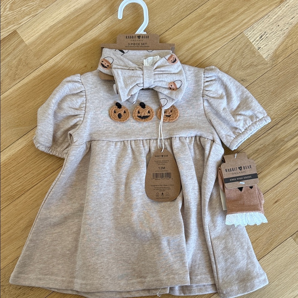 Rabbit & Bear Beige Baby Dress with Pumpkin Details